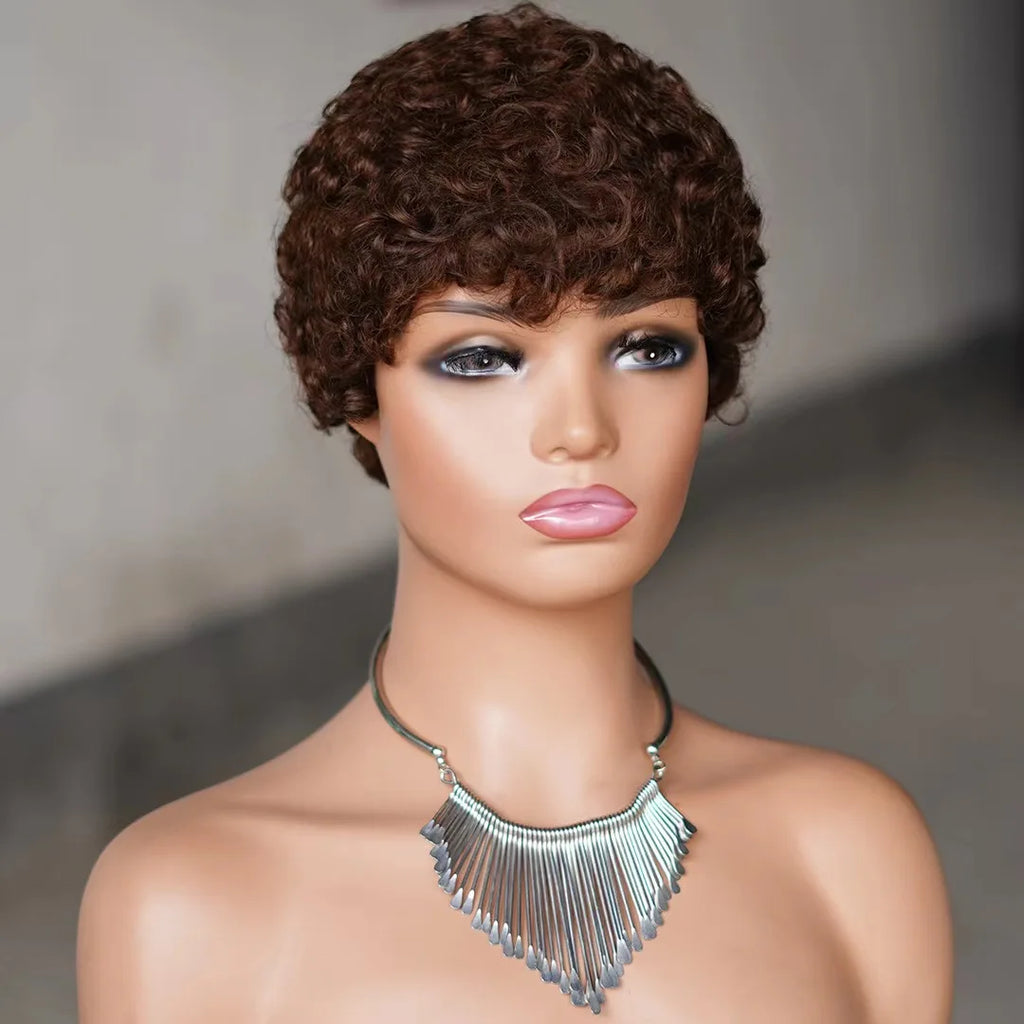 Perruque courte bouclée style pixie, sans dentelle