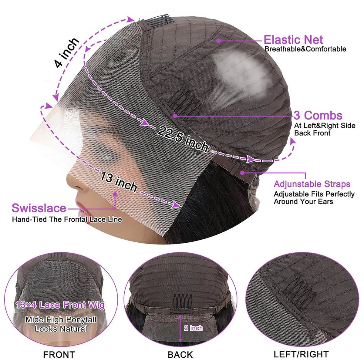 Perruque en cheveux humains, lisse ou ondulations profondes, dentelle 13 × 4