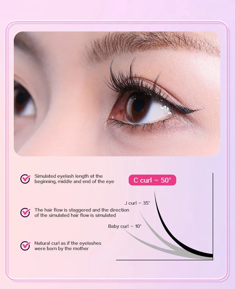 Faux cils individuels sans colle, 10 rangées, 10–12 mm, courbure C, effet naturel
