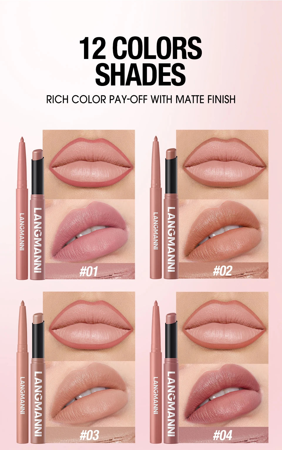 Duo crayon contour des lèvres et rouge à lèvres mat, 12 teintes