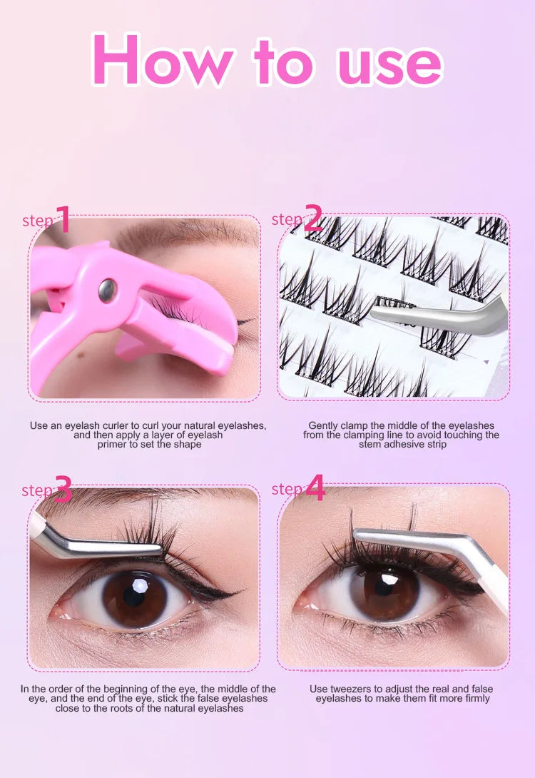 Faux cils individuels sans colle, 10 rangées, 10–12 mm, courbure C, effet naturel